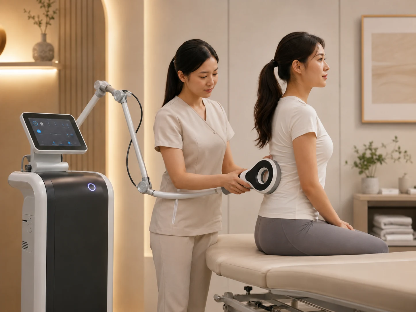 นักกายภาพบำบัดใช้เครื่อง Peripheral Magnetic Stimulation บริเวณหลังส่วนล่างของผู้รับบริการ