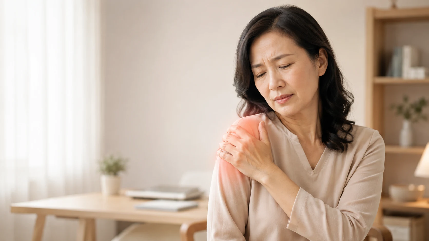 หญิงวัยกลางคนมีอาการปวดข้อไหล่และใช้มือจับบริเวณหัวไหล่